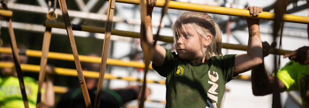 Meisje dat aan monkey bars hangt (idee kinderfeestje actief kinderfeestje in amsterdam gent wijchen frankfurt nijmegen)